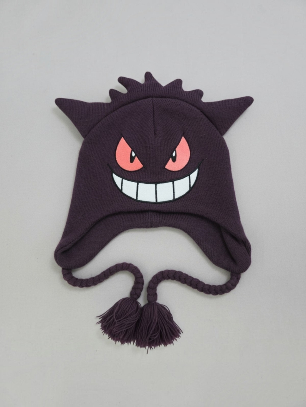 Pokémon Gengar laplander beanie featuring 3D ears and braided tassels